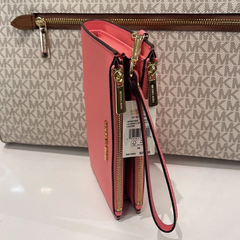 MICHAEL KORS LARGE DOUBLE ZIP WRISTLET WALLET PHONE CASE CLUTCH Tea Rose NWT